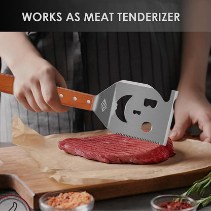 STEVEN-BULL S Heavy Duty BBQ Grill Tongs and Spatula for Outdoor Grill, 17” Long 5-In-1 Grill Spatula Comes with an 16” Long Locking Kitch Tongs, Best BBQ Gift for Barbecue Grilling Master