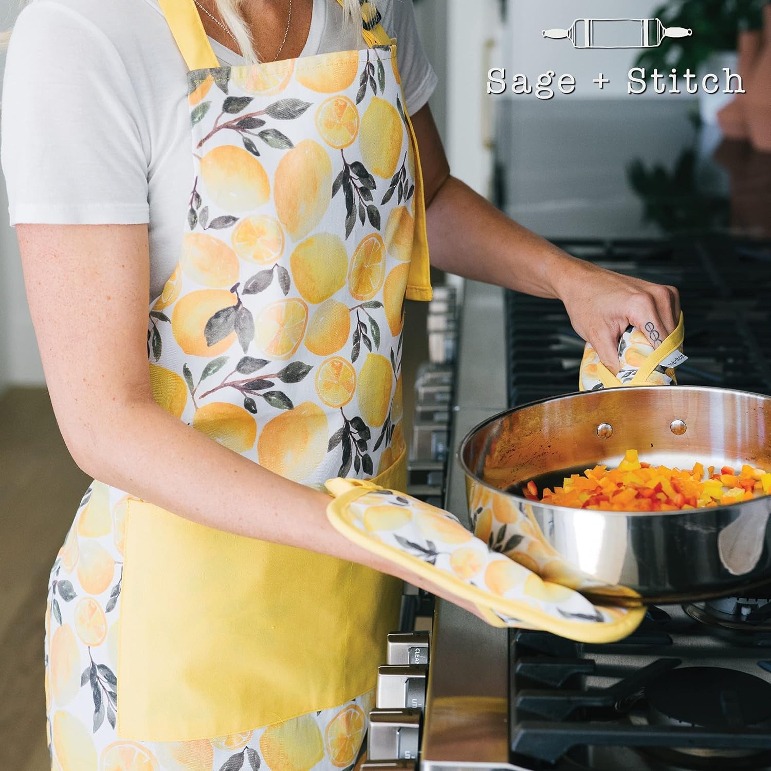 Adjustable Designer Kitchen Apron for Adults | 100% Machine Washable Cotton Cooking Apron with Pockets and Adjustable Neck Buckle | 27" Wide X 33" Long | Yellow Lemons