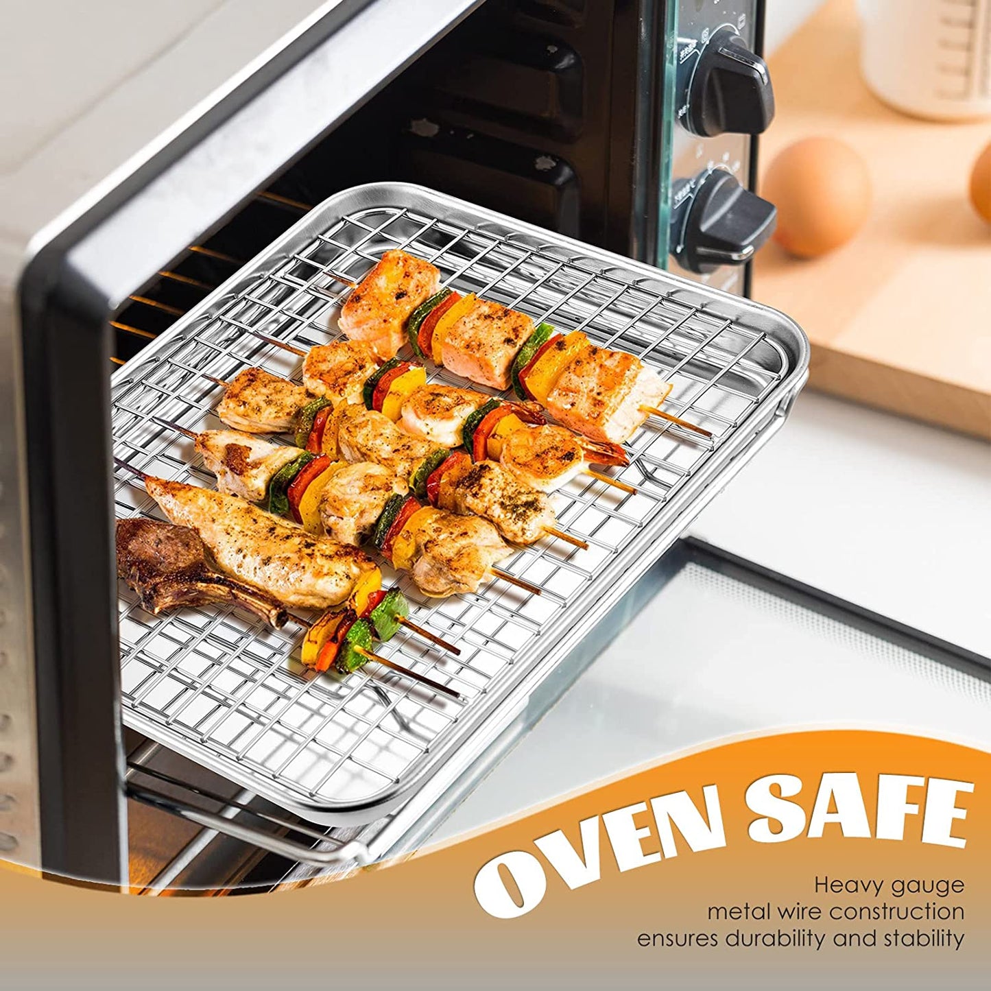 Small Baking Cooling Rack Set of 2, E-Far Stainless Steel Toaster Oven Rack for Cooking Roasting Grilling Meat, 8.6” X 6.2” Metal Bakeable Wire Rack for Cookie Cake Bacon - Dishwasher Safe