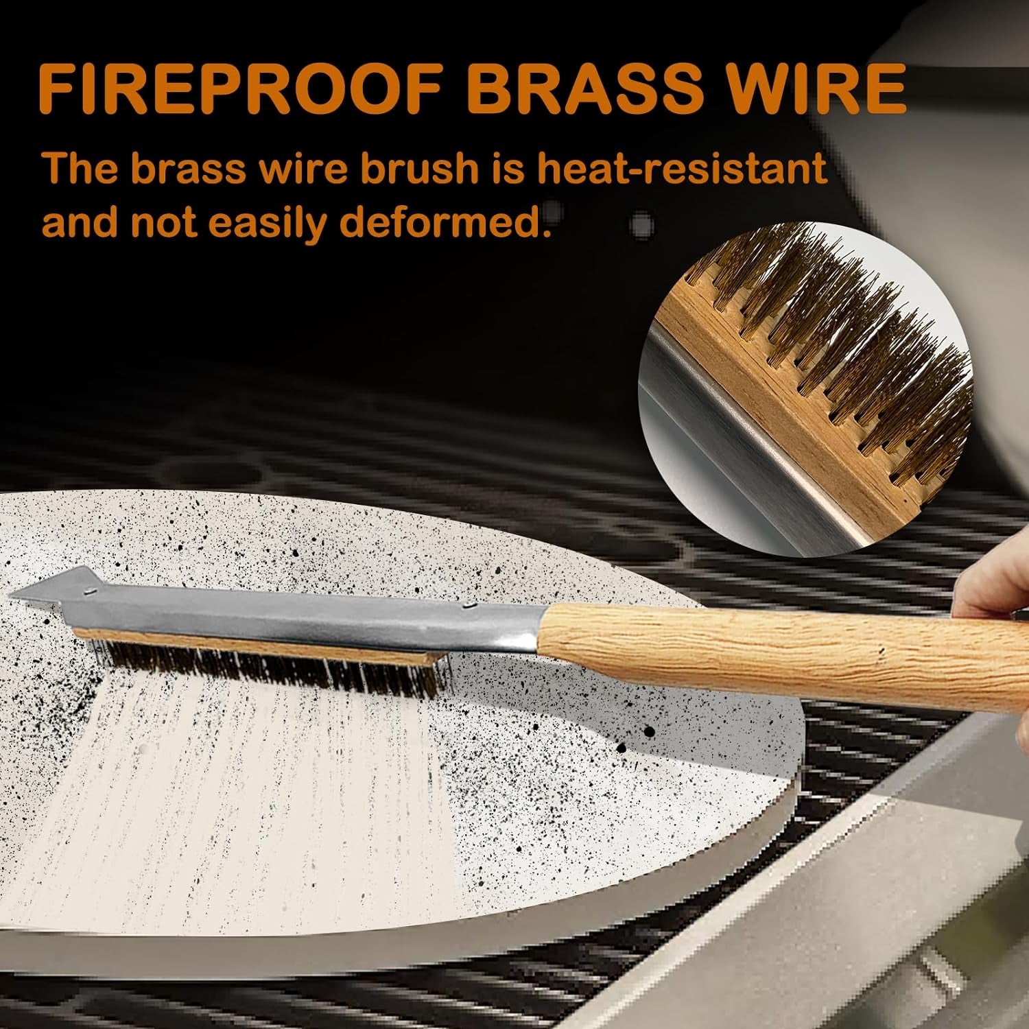 Pizza Oven Brush, 22” Pizza Stone Cleaning Brush - Copper Wire Pizza Brush with Wooden Handle and Stainless Steel Scraper, Pizza Oven Accessories for Outdoor Pizza Grill Cleaning