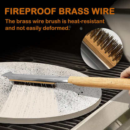 Pizza Oven Brush, 22” Pizza Stone Cleaning Brush - Copper Wire Pizza Brush with Wooden Handle and Stainless Steel Scraper, Pizza Oven Accessories for Outdoor Pizza Grill Cleaning