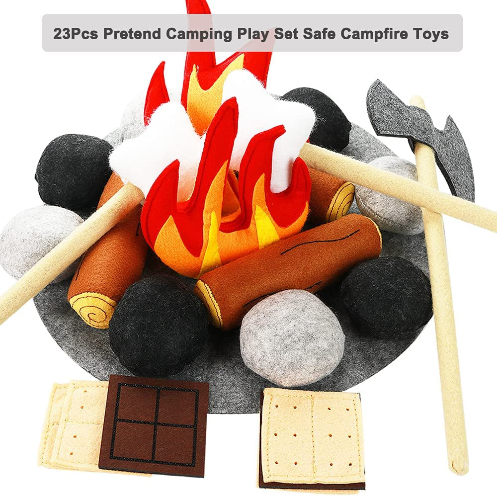 23 PCS Pretend Campfire Toys, Kids Plush Felt Play Campfire Playset Safe Fake Fire Wood Stones Toys Pretend Camping Play Set for Kids Toddlers Age 3-5