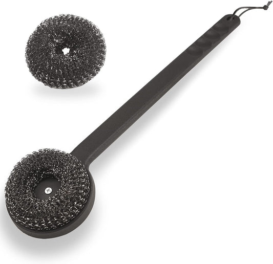 18" Long Handle Grill Brush with Replaceable Head - Safe Bristle Free Stainless Steel BBQ Cleaner with Heavy Duty Scrubber Pad, Grill Accessories Steel Wool Scrubbers for Porcelain Gas Charcoal Grill