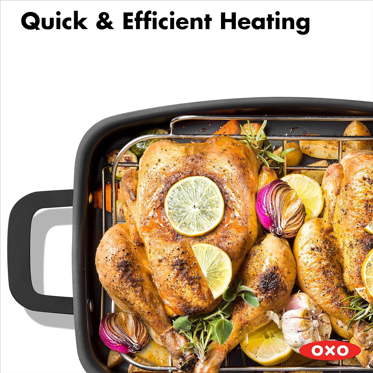 OXO Obsidian Pre-Seasoned Carbon Steel, 15" X 10.5" Roasting Pan with Stainless Steel Roaster Rack, Induction, Black
