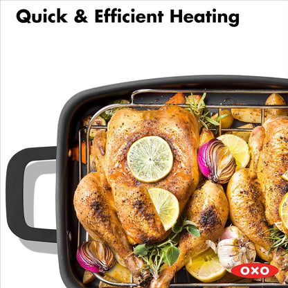 OXO Obsidian Pre-Seasoned Carbon Steel, 15" X 10.5" Roasting Pan with Stainless Steel Roaster Rack, Induction, Black