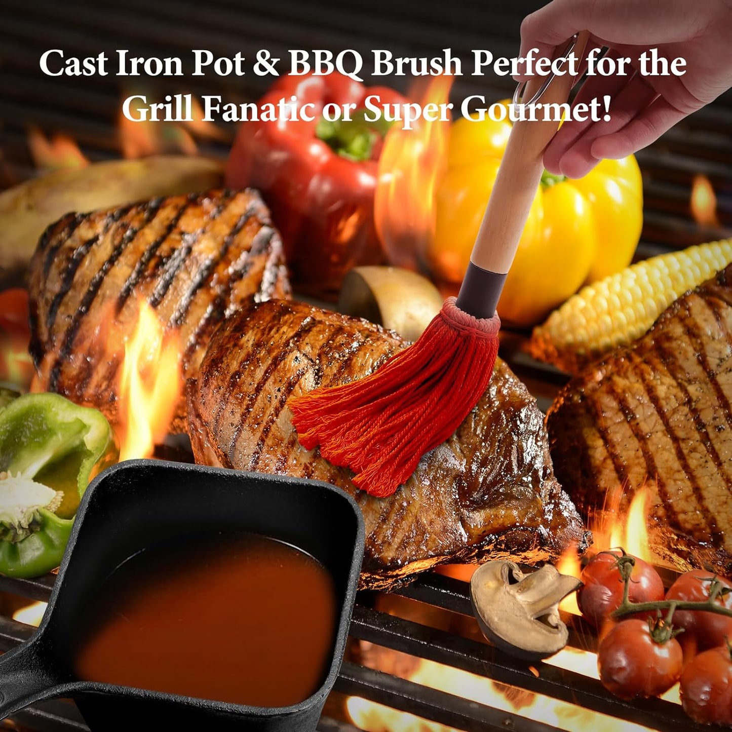 Outspark Cast Iron Pot and BBQ Mop Brush for Sauce,Basting Pot and Grill Mop Brushes,Universal Cookware/Grilling Accessories,24 Oz Saucepan,2 Replacement Cotton Mop Heads