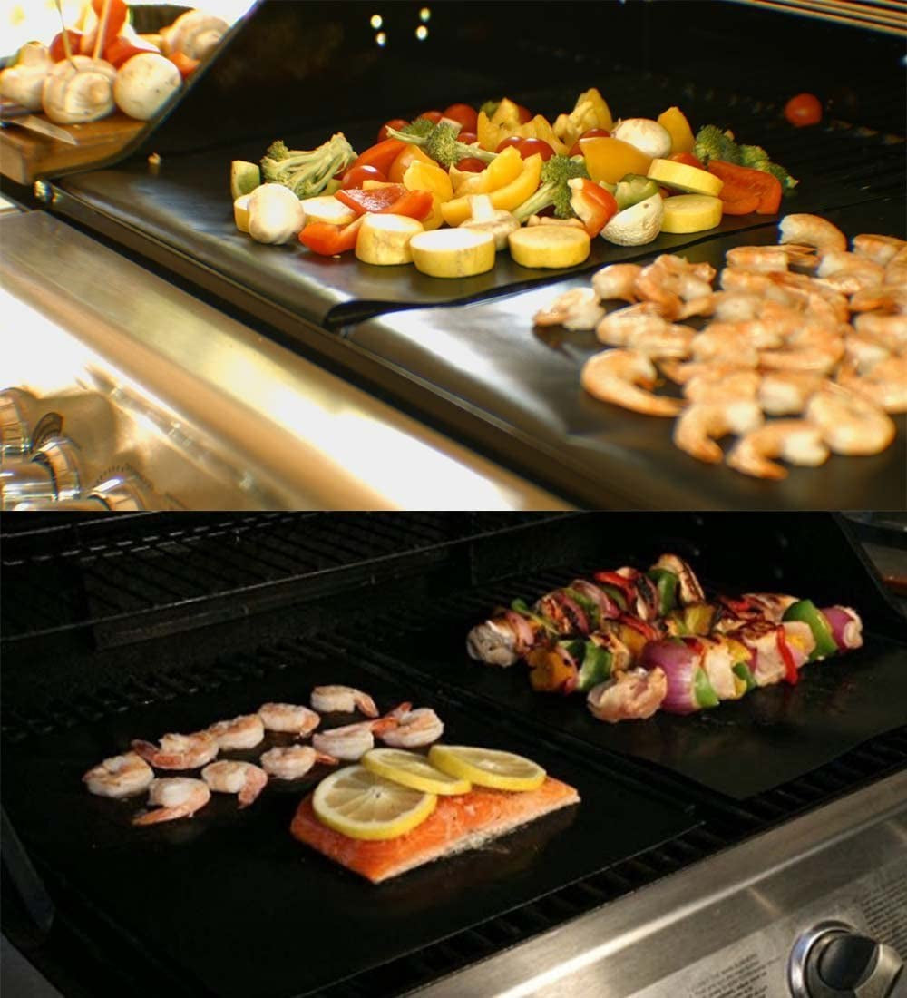 Grill Mat Set of 6 - 100% Non-Stick BBQ Grill Mats, Heavy Duty, Reusable, and Easy to Clean - Works on Electric Grill Gas Charcoal BBQ - 15.75 X 13-Inch, Black