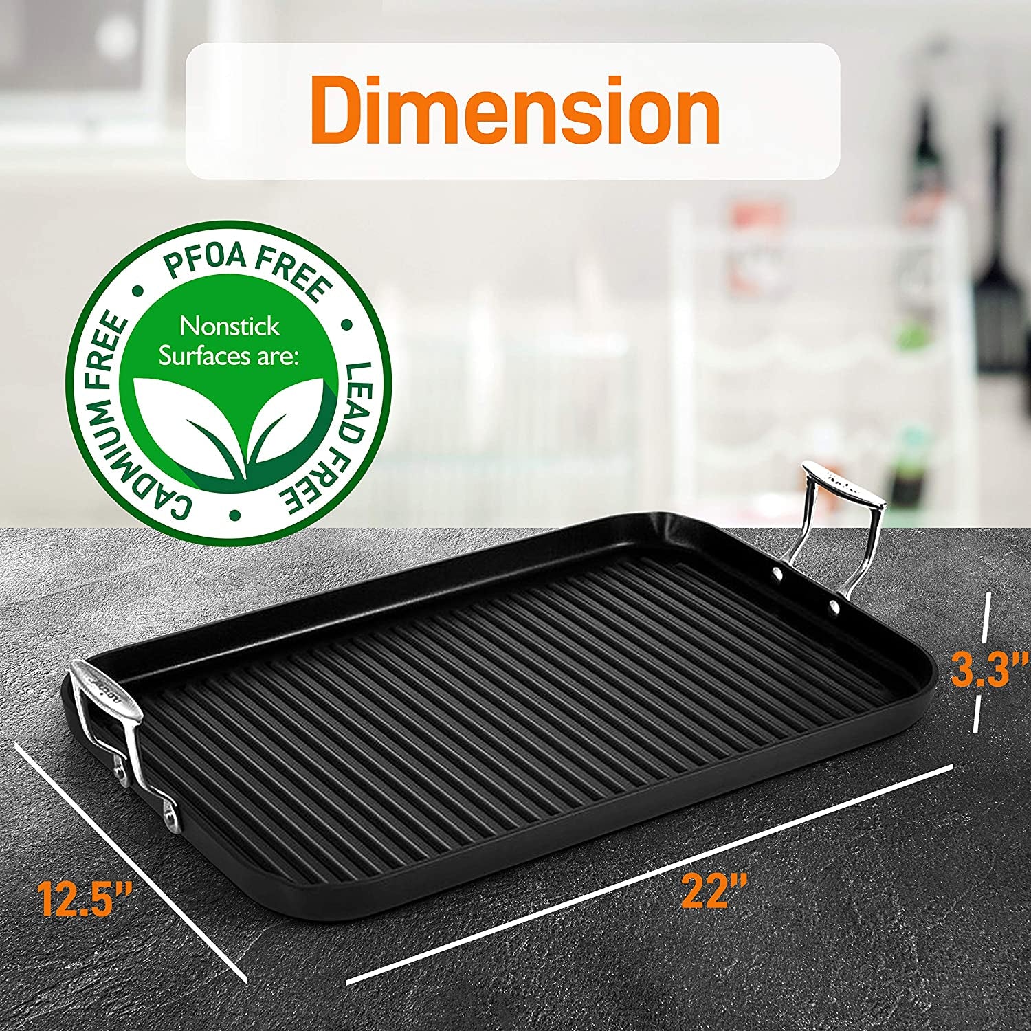 Nonstick Stove Top Grill Pan - PTFE/PFOA/PFOS Free Need Two Burners 20" X 13" Hard-Anodized Non Stick Grill & Griddle Pan - Kitchen Cookware, Dishwasher Safe NCGRP59