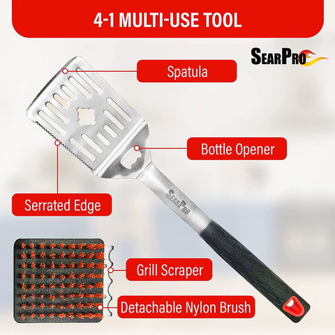 Image of 4-In1 Grill Brush BBQ Cleaner Scraper Barbecue Tool Accessories Kit Heat Resistant Nylon Bristle Spatula Outdoor Smoker Black Stone Grate Cast Iron Spatula Non-Wire Brush Combo