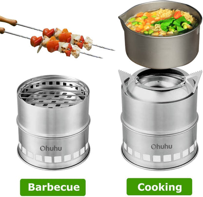 Camping Stove, Ohuhu Mini Wood Stove Stainless Steel Portable Stove, Backpacking Survival Stove Wood Burning Stove for Picnic BBQ Camp Hiking with Grill Grid and Carry Bag
