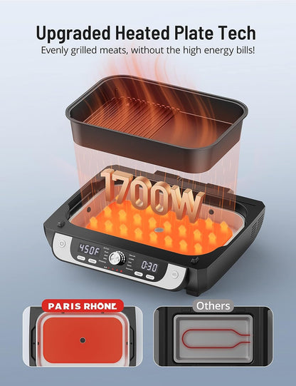 Smokeless Indoor Grill with Air Fryer,  Electric Air Fryer Grill Combo, 12-In-1 for Grill, Griddle, Slow Cook, Broil, Bake, Crisp, Roast, Dehydrate, Dual Heating Elements, Easy Knob Control