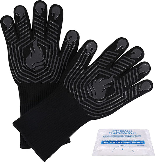 BBQ Gloves, 1472°F Heat Resistant Fireproof Mitts, Silicone Non-Slip Washable Oven Kitchen Gloves for Barbecue, Grilling, Cooking, Baking, Camping, Smoker (Black)