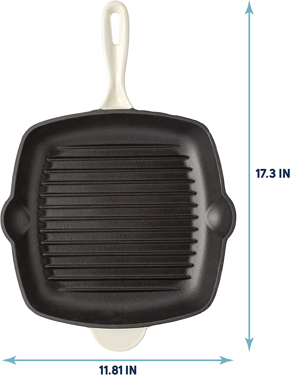 Enameled Cast Iron Square Griddle Grill Pan with Ridges, Helper Handle and Pouring Spouts for Easy Draining, Indoor Grilling Skillet, 11-Inch, Cream