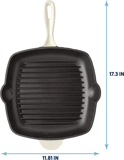 Enameled Cast Iron Square Griddle Grill Pan with Ridges, Helper Handle and Pouring Spouts for Easy Draining, Indoor Grilling Skillet, 11-Inch, Cream