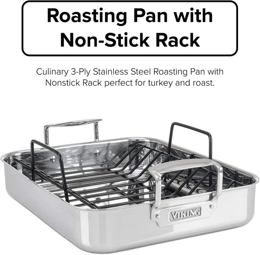 Viking Culinary 3-Ply Stainless Steel Roasting Pan, Includes a Nonstick Rack, Dishwasher, Oven Safe, Works on All Cooktops Including Induction