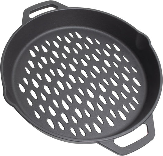 MOASKER 12" Cast Iron round Grill Basket for Veggie Meat Fish, Dual Handle BBQ Grill Topper for Outdoor Grill, Fit for Any Charcoal Smoker & Gas Grills, Nonstick Pan Tray