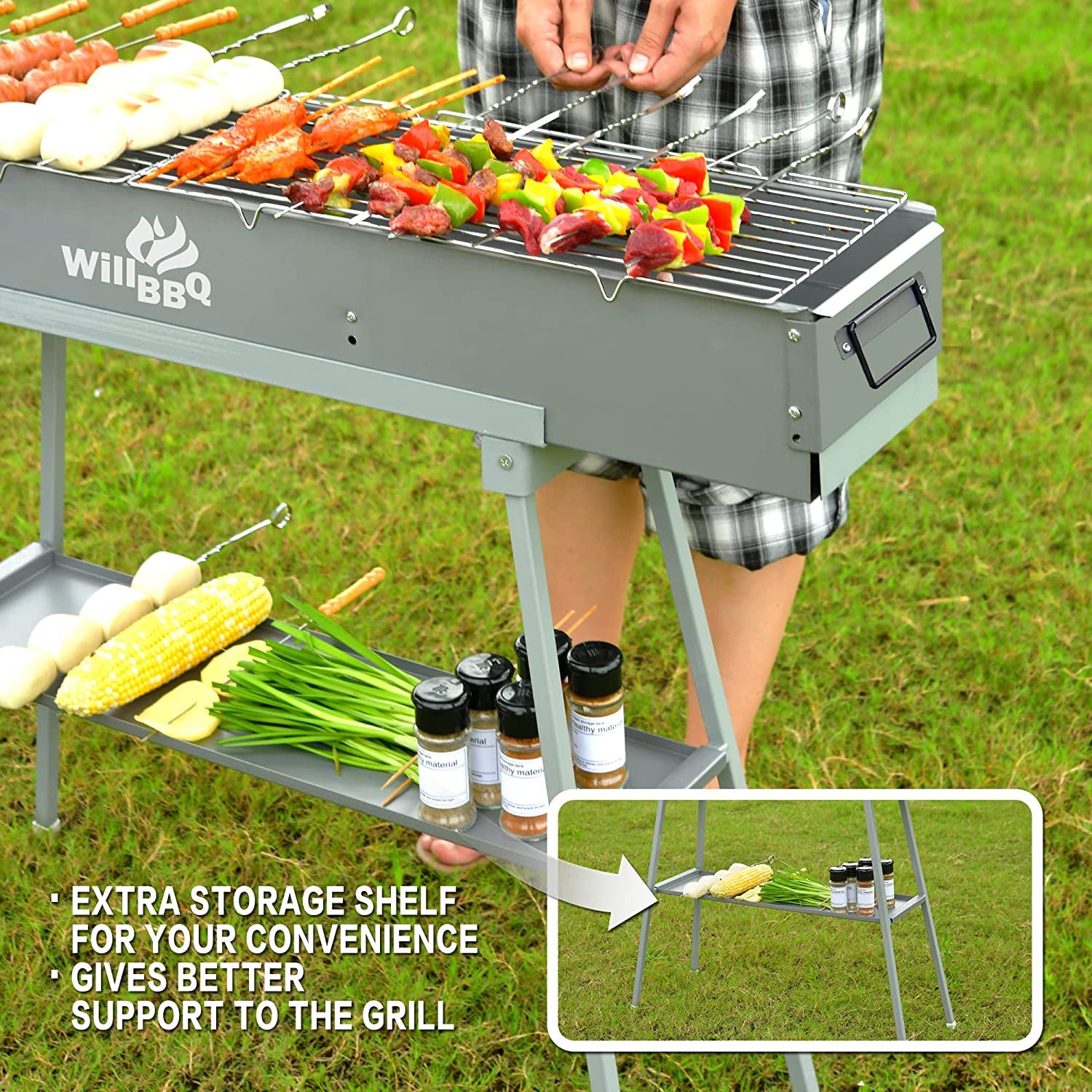 WILLBBQ Commercial Quality Portable Charcoal Grills Multiple Size Hibachi BBQ Lamb Skewer Folded Camping Barbecue Grill for Garden Backyard Party Picnic Travel Outdoor Cooking Use(31.6X7.1X5.1 Inch)