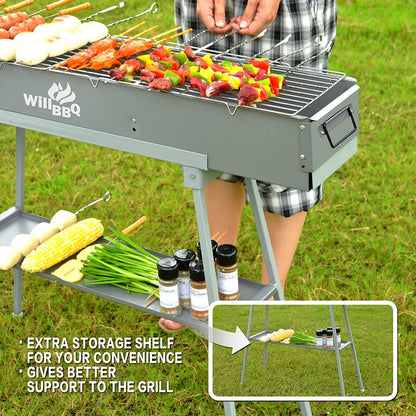 WILLBBQ Commercial Quality Portable Charcoal Grills Multiple Size Hibachi BBQ Lamb Skewer Folded Camping Barbecue Grill for Garden Backyard Party Picnic Travel Outdoor Cooking Use(31.6X7.1X5.1 Inch)