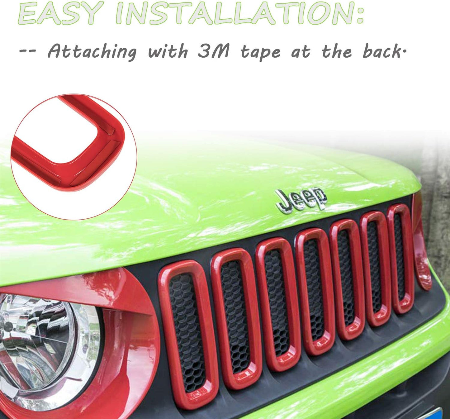 Front Grill Grille Inserts Mesh ABS Grill Guard Cover Trim Red 7Pcs for Jeep Renegade 2015 2016 2017 2018