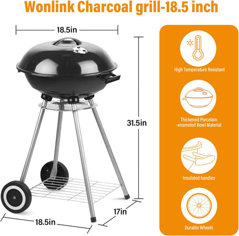 Image of Wonlink Portable Charcoal Grill, 18.5 Inch Camping BBQ Grill with Wheels for Outdoor Cooking Picnic Barbecue