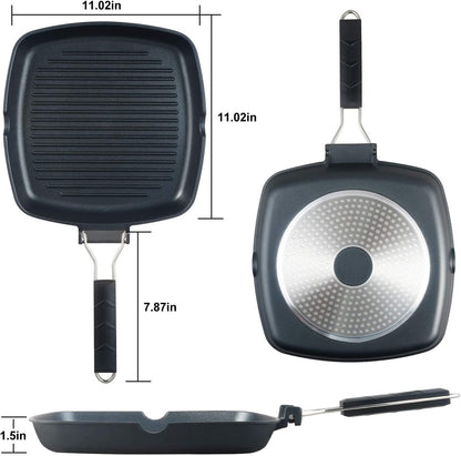 Grill Pan with Folding Handle, Nonstick Grill Pan for Stove Tops, Induction Compatible KBBQ Grill Pan with Pour Spouts, Indoor Square BBQ Grilling Pan… (11 In)