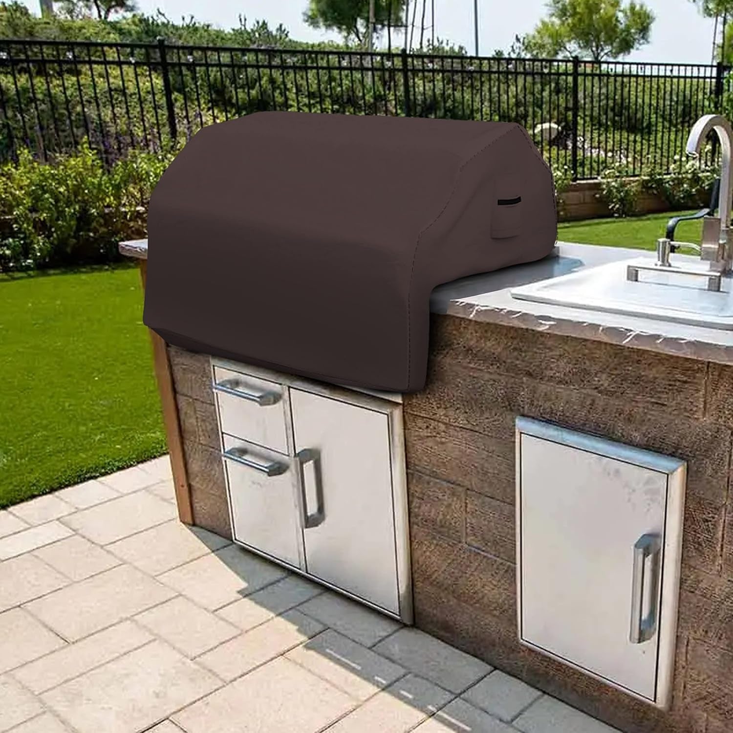 Built-In Grill Cover Made of 12 Oz Waterproof Fabric with Air Pocket & Elastic for Snug Fit (36" W X 26" D X 24" H, Coffee)