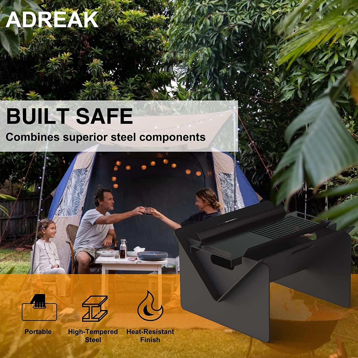 Adreak 18 Inch Fire Pit, Outdoor Portable Firepit with BBQ Tray, Detachable Camping Steel Fire Pits for Backyard, Patio, Picnic, Bonfire, Garden (Black-Small)