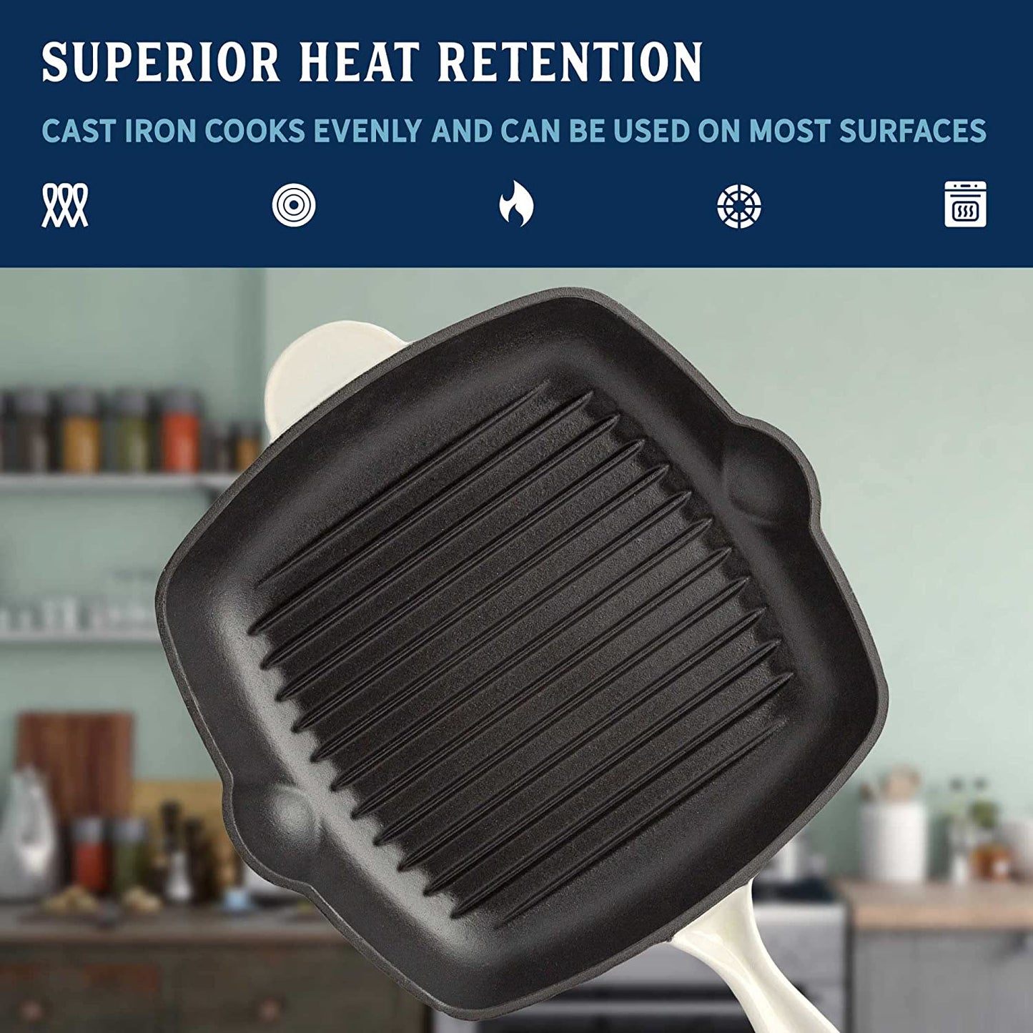 Enameled Cast Iron Square Griddle Grill Pan with Ridges, Helper Handle and Pouring Spouts for Easy Draining, Indoor Grilling Skillet, 11-Inch, Cream