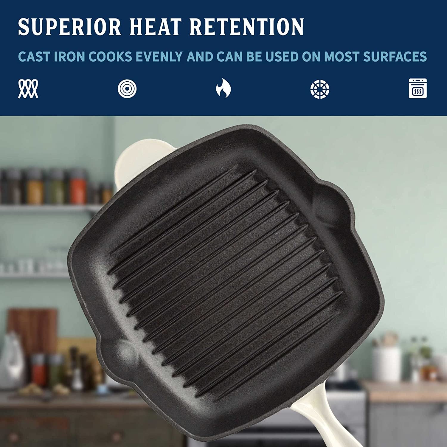 Enameled Cast Iron Square Griddle Grill Pan with Ridges, Helper Handle and Pouring Spouts for Easy Draining, Indoor Grilling Skillet, 11-Inch, Cream