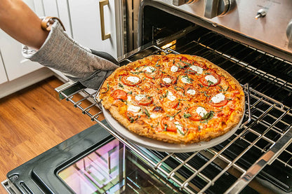 4-Piece Large Pizza Stone Set - 13" Thermal Shock Resistant Cordierite Pizza Stone with Handle Rack, 19" Natural Bamboo Pizza Peel & Pizza Cutter - Large Baking Stone for Grill and Oven