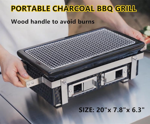 Image of Onlyfire Charcoal BBQ Grill Hibachi Grill with Grid Lifter, Rectangular Portable Grill with Stainless Steel Griill Grate, BBQ Grill for Outdoor Camping Picnic Patio Backyard Cooking, 16 X 9 Inch Black