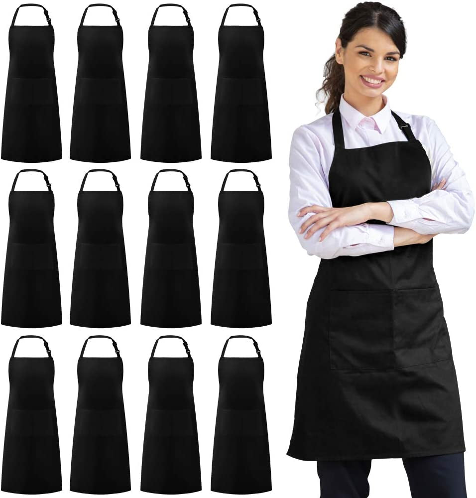 12 Pack Bib Apron, Unisex Aprons Adjustable Waterdrop Resistant with 2 Pockets Cooking Kitchen Apron for Chef, BBQ Drawing Apron Bulk, Black