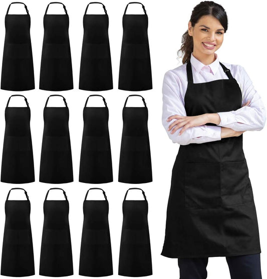 12 Pack Bib Apron, Unisex Aprons Adjustable Waterdrop Resistant with 2 Pockets Cooking Kitchen Apron for Chef, BBQ Drawing Apron Bulk, Black