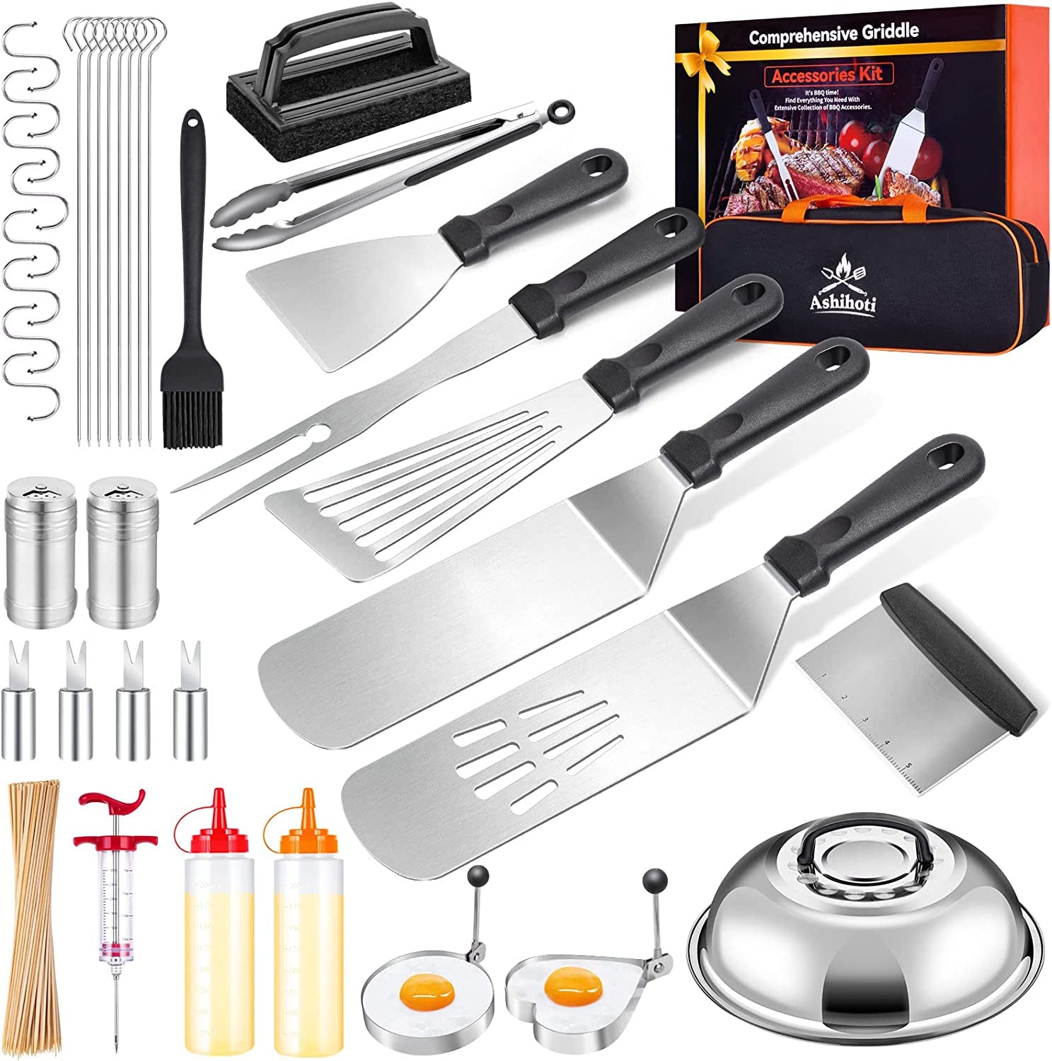 138PCS Griddle Accessories Kit,Grill Accessories for Blackstone Flat Top Set and Camp Chef,Grill Spatula,Scraper,Griddle Cleaning Kit Carry Bag for Hibachi Grill, Men Outdoor BBQ with Meat Injector