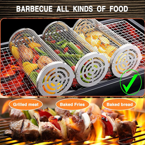 Image of 2PCS Rolling Grilling Basket - Rolling Grilling Baskets for Outdoor Grill, Stainless Steel Wire Mesh Cylinder Grill Basket, BBQ Accessories, Camping Barbecue Rack for Vegetables, Fish