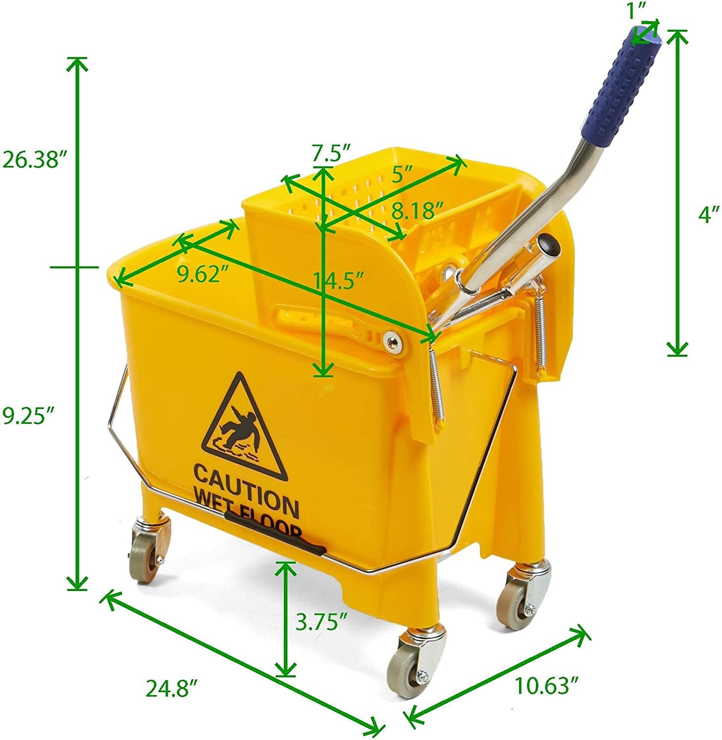 Mind Reader Mobile Heavy Duty Mop Bucket with Upward Press Wringer, 22-Quart (5.5 Gallon) Capacity, 16.25"L X 10.75"W X 24.5"H, Yellow