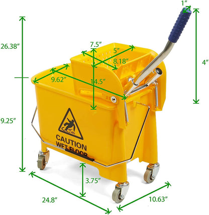 Mind Reader Mobile Heavy Duty Mop Bucket with Upward Press Wringer, 22-Quart (5.5 Gallon) Capacity, 16.25"L X 10.75"W X 24.5"H, Yellow