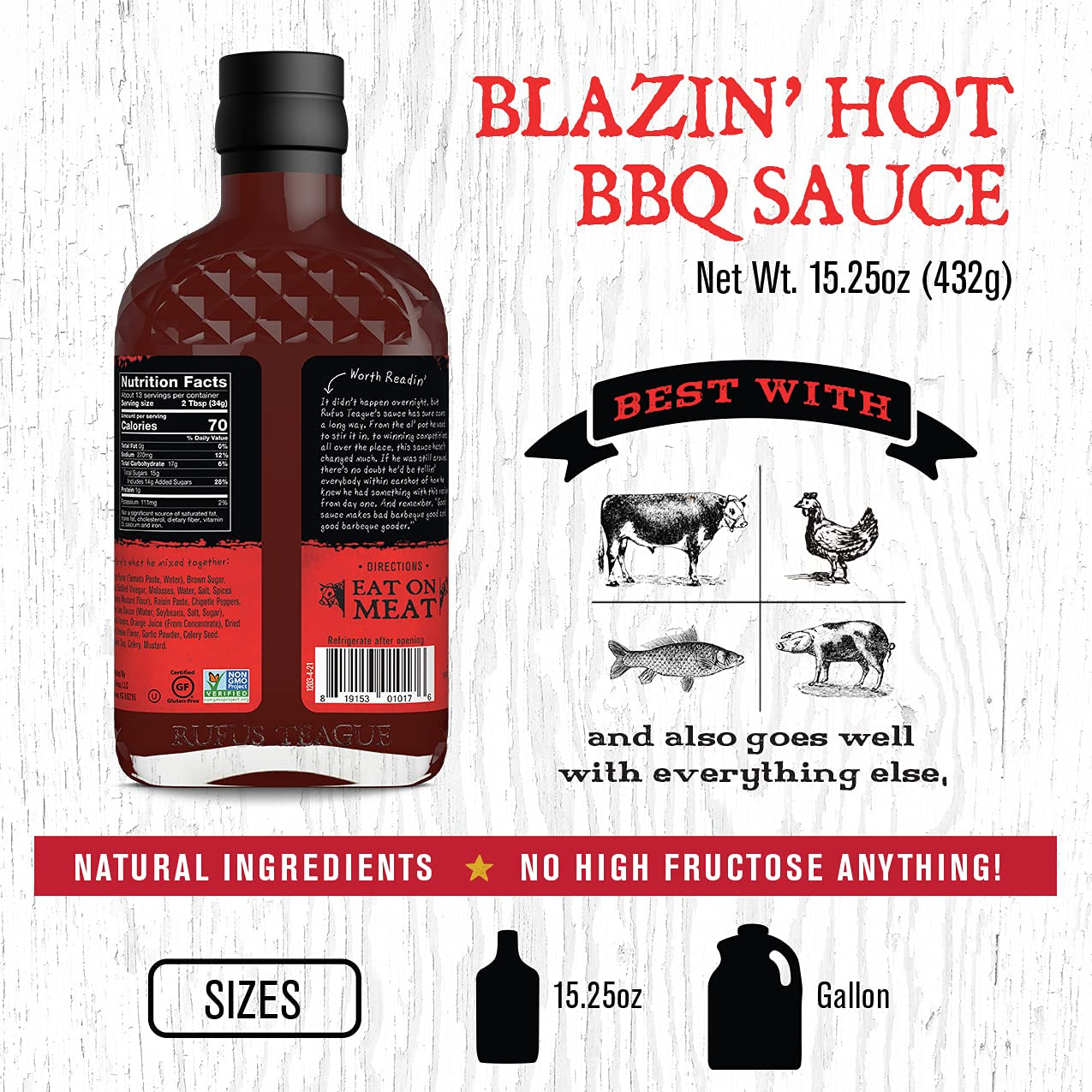 Rufus Teague - Blazin' Hot BBQ Sauce - Premium Barbecue Sauce - 15.25 Oz. Bottles - 2 Pack