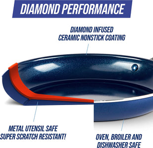 Cookware Diamond Infused Ceramic Nonstick 11" Grill Genie Pan with Lid Pfas-Free Dishwasher Safe Oven Safe Blue