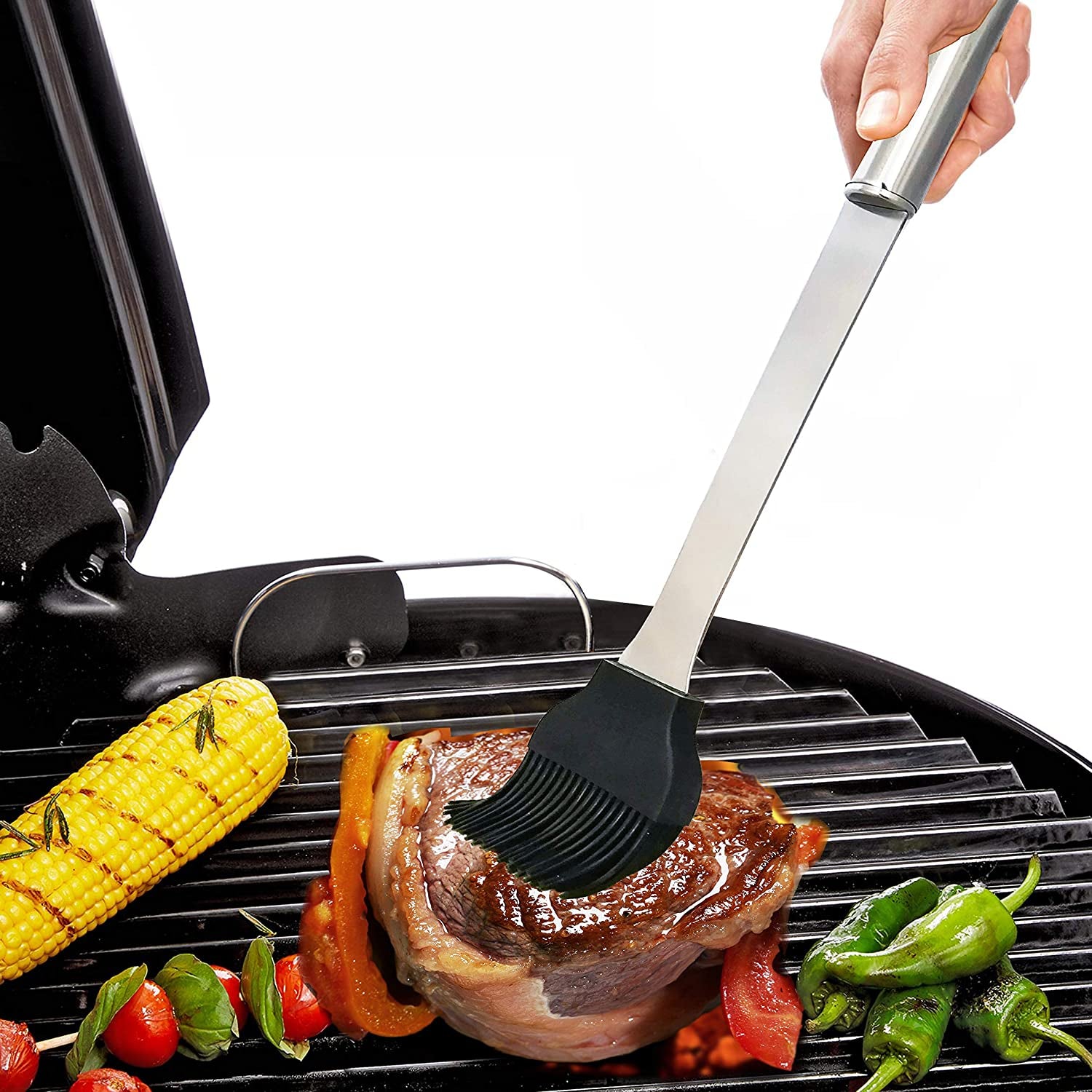 Stainless Steel BBQ Grill Tool Kit 20 PCS + Carrying Bag Set : Tong, Basting Brush, Spatula, Cleaning Brush, Meat Fork, 7 Skewers, 8 Corn Holders for Picnic Camping Cooking Grilling