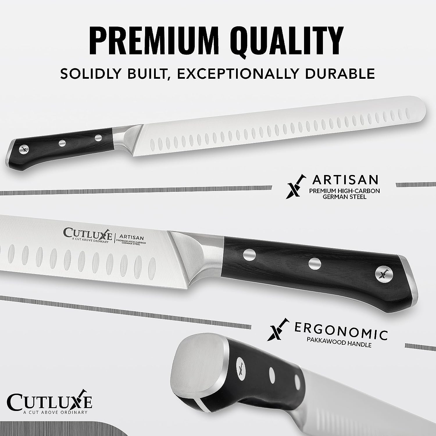 Cutluxe Slicing Carving Knife – 12" Brisket Knife, Meat Cutting and BBQ Knife – Razor Sharp German Steel – Full Tang & Ergonomic Handle Design – Artisan Series