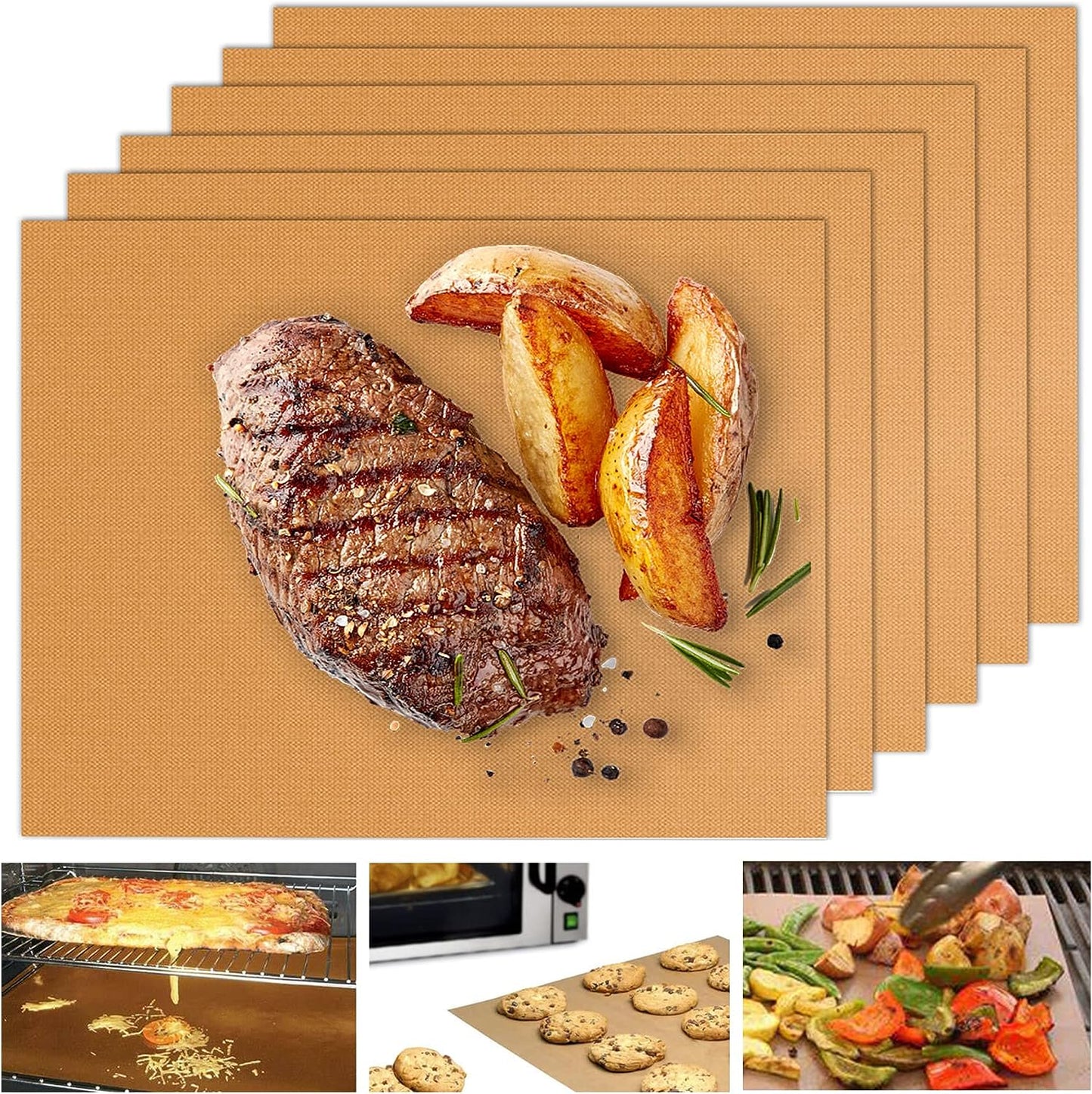 Copper Grill Mats for Outdoor Grill, Set of 6 Heavy Duty Grill Mats, Non Stick BBQ Grill Mats & Baking Mats, Resuable and Easy to Clean, Works on Gas Charcoal and Electric BBQ-15.75 X 13 Inch