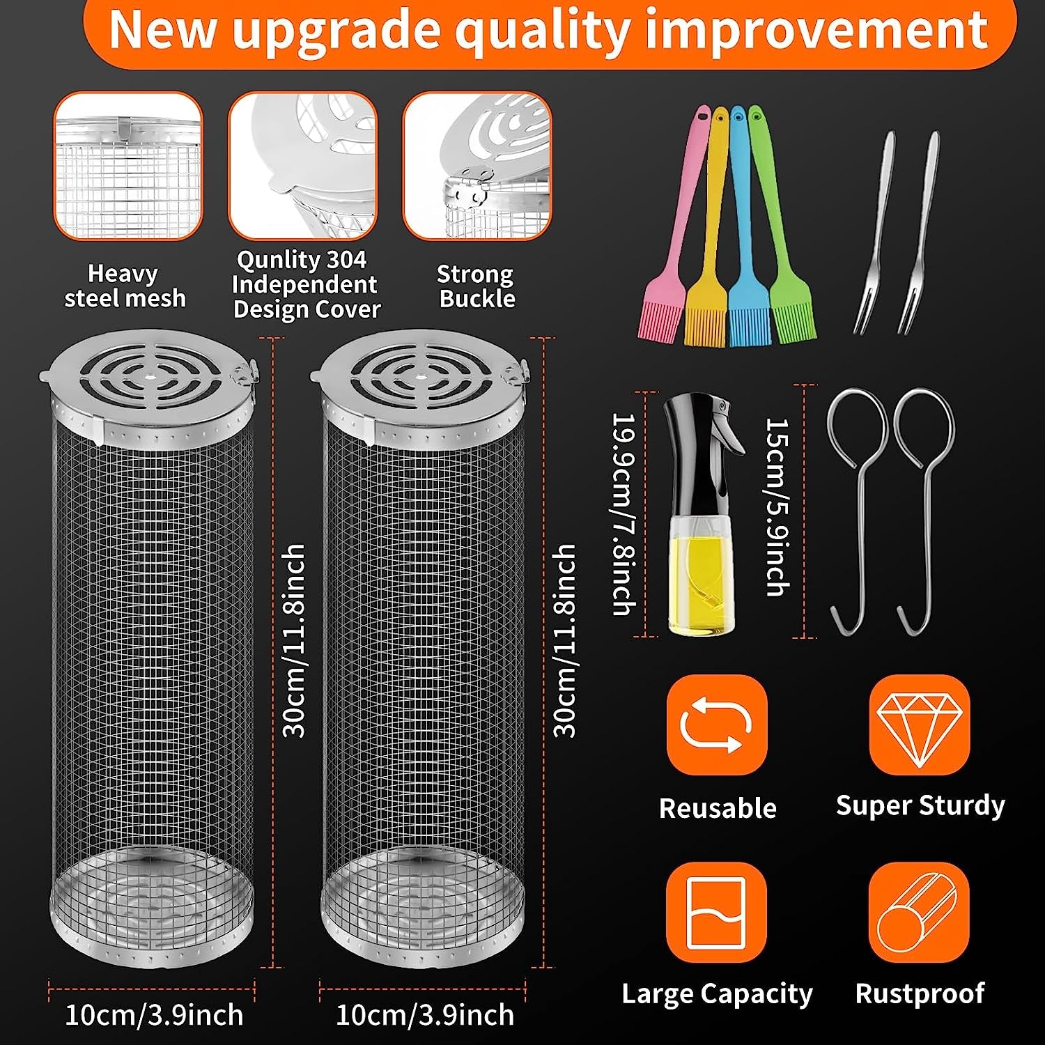 Wrakus Rolling Grilling Baskets for Outdoor - Grill Grate Charcoal round BBQ Stainless Steel Basket Campfire Grid Camping Picnic Cookware 1 (2PCS 300 * 90 90Mm)