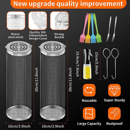 Wrakus Rolling Grilling Baskets for Outdoor - Grill Grate Charcoal round BBQ Stainless Steel Basket Campfire Grid Camping Picnic Cookware 1 (2PCS 300 * 90 90Mm)