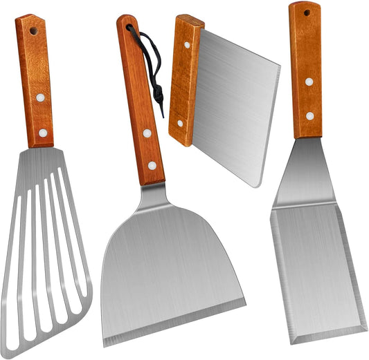 KLAQQED Spatula, Metal Spatulas Set, Stainless Steel Spatula, Fish Spatula Turner Cooking BBQ Grill Griddle Spatula, Metal Spatula for Cast Iron Skillet, Small Wide Kitchen Spatulas ​With Wood Handle