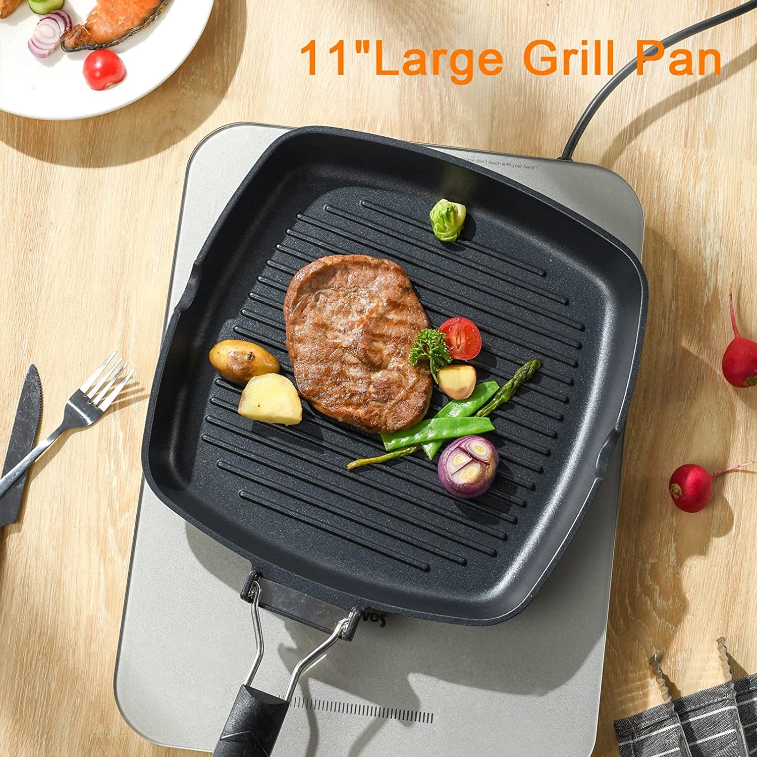 Grill Pan with Folding Handle, Nonstick Grill Pan for Stove Tops, Induction Compatible KBBQ Grill Pan with Pour Spouts, Indoor Square BBQ Grilling Pan… (11 In)
