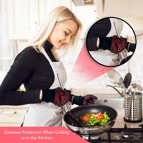 Image of BBQ Gloves - 1472°F Heat Resistant, Fireproof Mitts with Non-Slip Silicone Grip, Perfect for Barbecue, Grilling, Cooking, Baking & Camping, 14-Inch, Food Grade, Washable Kitchen Oven Mitts