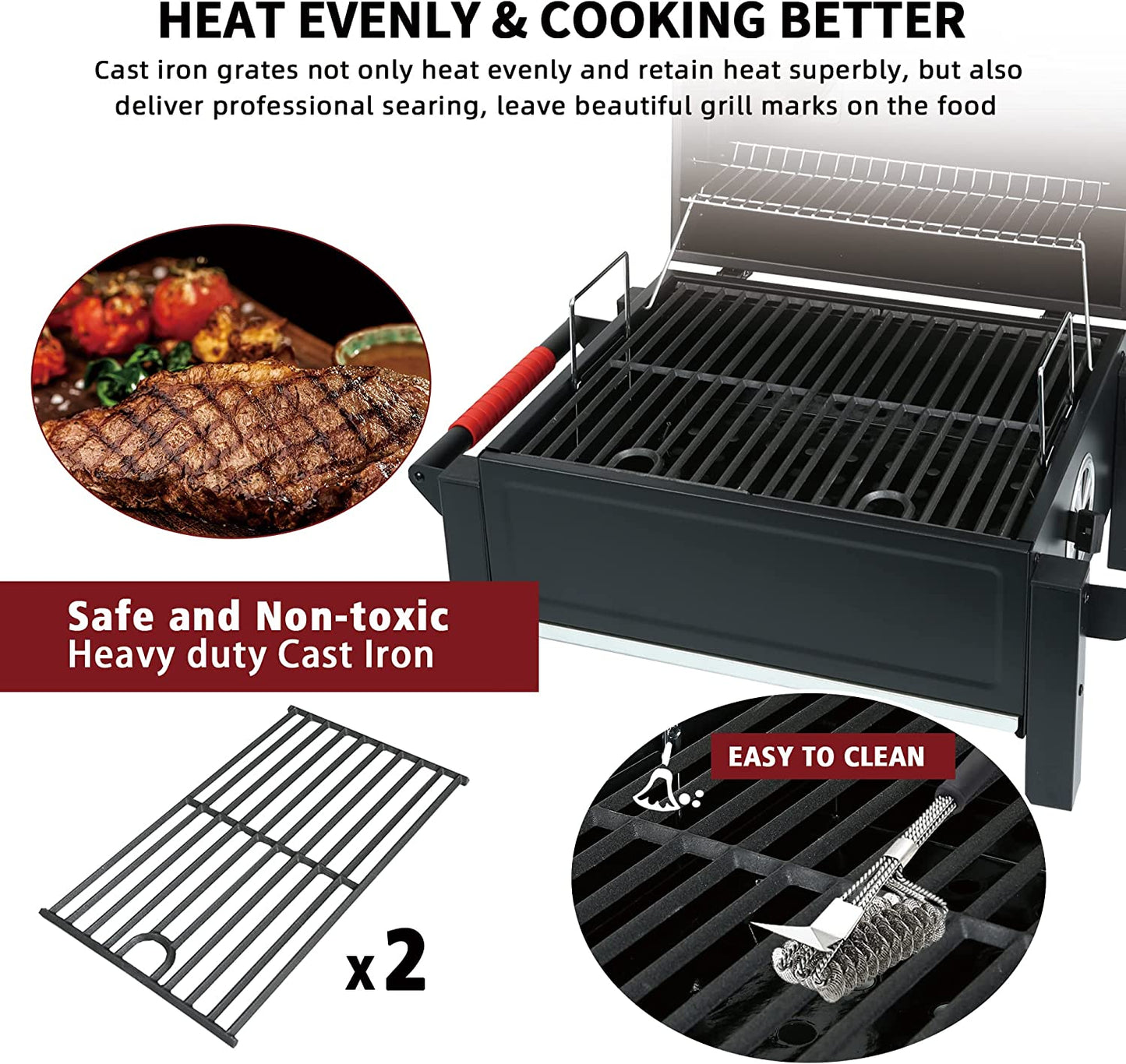 Feasto Portable Charcoal Grill Grates with Cast Iron Grill, Anti-Scalding Handles,Tabletop Grill with 354 Square Inches Cooking Area, for Outdoor Camping and Picnic, Black, L26.8’’X W20’’X H21.3’’