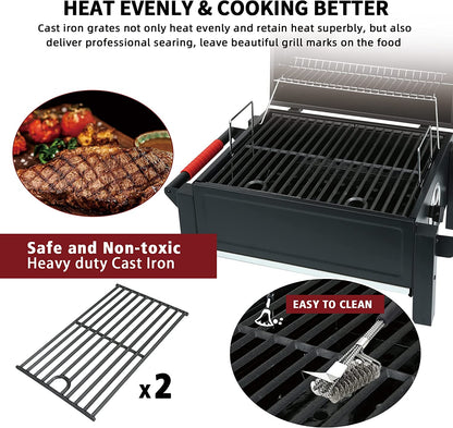 Feasto Portable Charcoal Grill Grates with Cast Iron Grill, Anti-Scalding Handles,Tabletop Grill with 354 Square Inches Cooking Area, for Outdoor Camping and Picnic, Black, L26.8’’X W20’’X H21.3’’