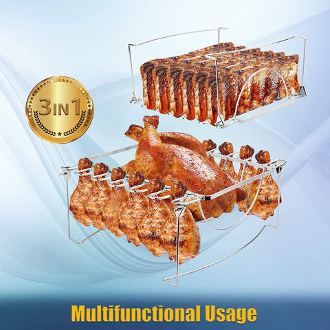 Image of 3-In-1Turkey Roasting Rack Rib Rack for Smoking & Chicken Leg Rack for Oven Grill - Holds 6 Large Ribs, 12 Chicken Leg Wing, 1 Whole Chicken - Premium Foldable Space-Saving Grilling Smoking Accessory